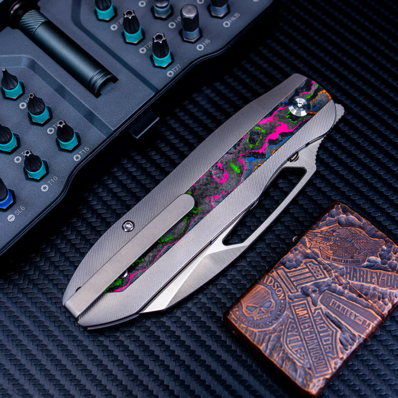 KANSEPT Thunderhead Thumb Hole Stonewashed Titanium with 80S Camo Carbon Fiber Inlay Handle (3.58" CPM S35VN Blade) with K.C. Spiron Design-K1106A4