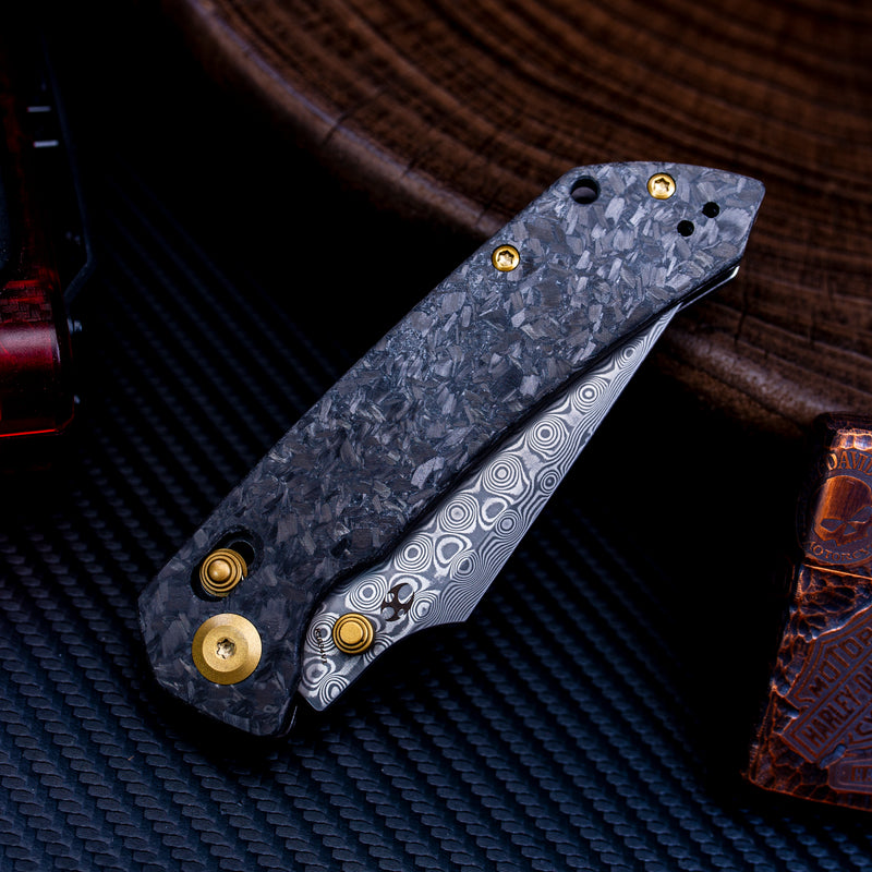 KANSEPT Fenrir Crossbar Lock Knife Shred Carbon Fiber Handle (3.48'' Damascus Blade) Greg Schob Design - K1034V1