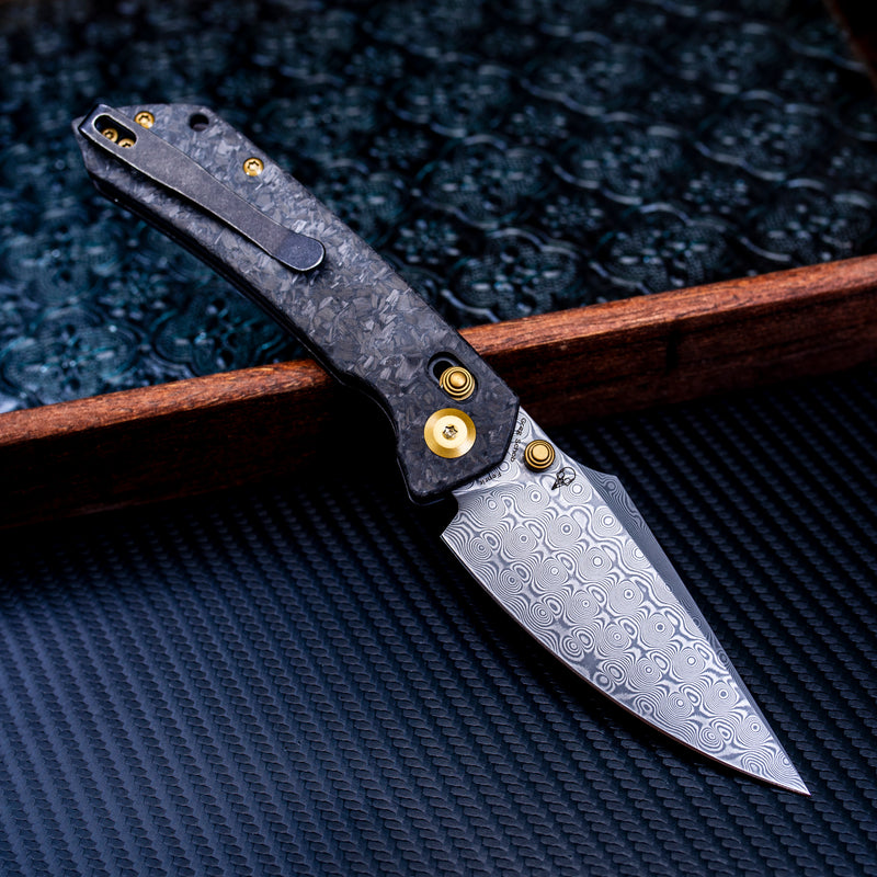 KANSEPT Fenrir Crossbar Lock Knife Shred Carbon Fiber Handle (3.48'' Damascus Blade) Greg Schob Design - K1034V1