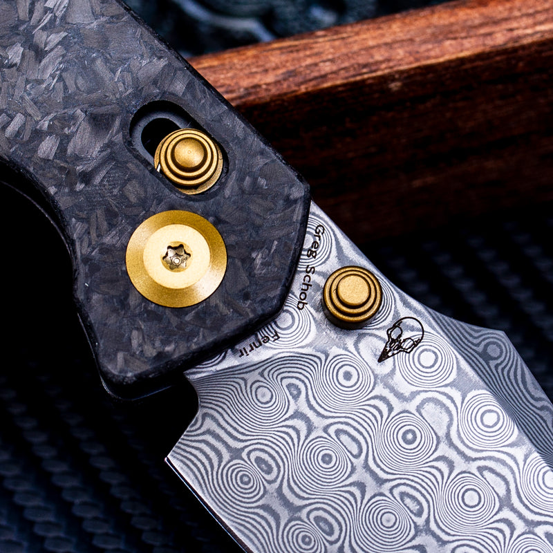 KANSEPT Fenrir Crossbar Lock Knife Shred Carbon Fiber Handle (3.48'' Damascus Blade) Greg Schob Design - K1034V1