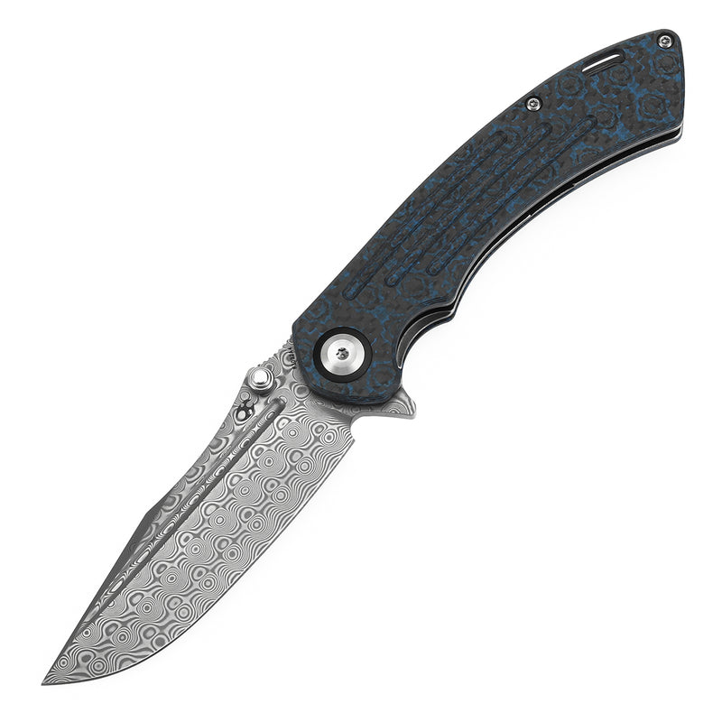 KANSEPT Pretatout Thumb Stub Flipper Blue Rose Pattern Carbon Fiber Handle (3.56“ Damascus Blade) with Kmaxrom Design-K1032A4