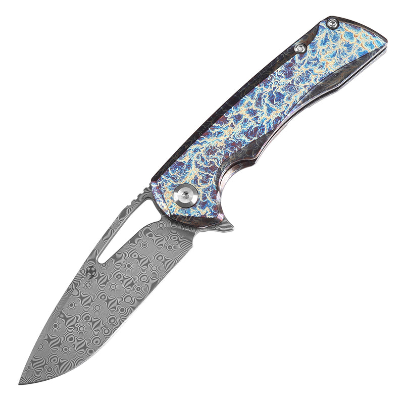 KANSEPT Mini Kryo Thumb Hole Titanium with Lightning Strike Finish Handle (2.9" Damascus Blade) Kim Ning Design-K2001S2