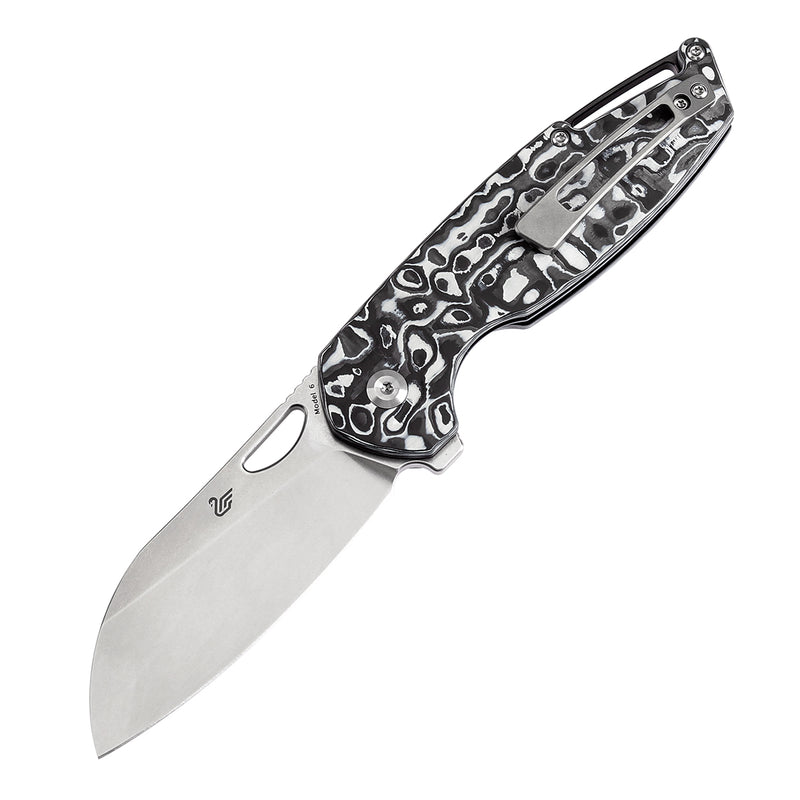 KANSEPT Model 6 Left-handed Flipper/Thumb Hole Knife Black White Carbon Fiber Handle (3.1'' CPM 20CV Blade) -K1022L2