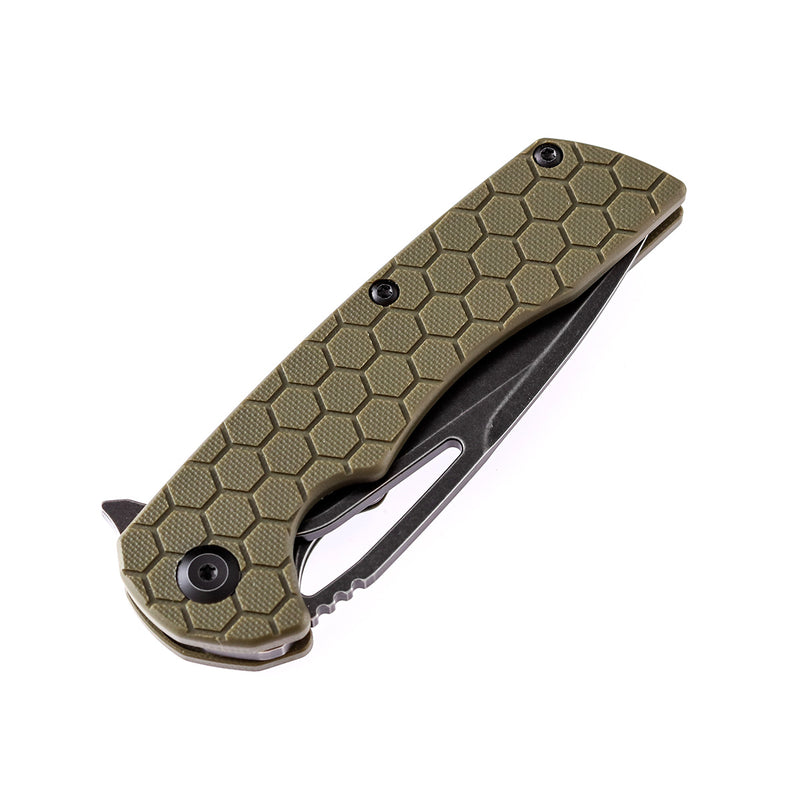 KANSEPT Kryo Thumb Hole Knife Soccer Pattern Green G10 Handle (3.58"D2 Blade) Kim Ning Design-T1001A6