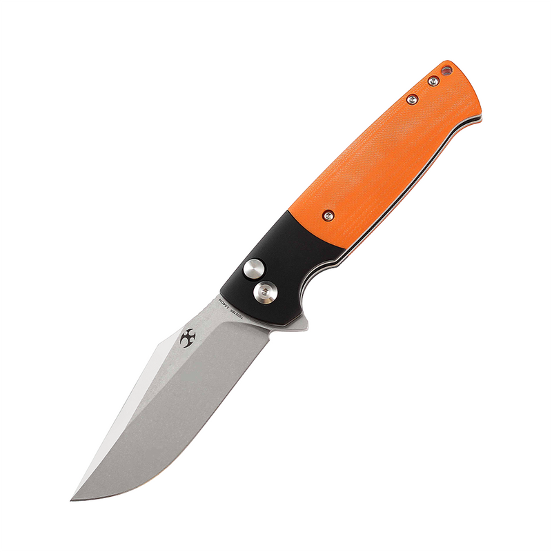 Shikari SBL  Button Lock T2027B2 Stonewashed 154CM Blade Black Aluminum + Orange G10 Handle with Morgan Koens Dessign