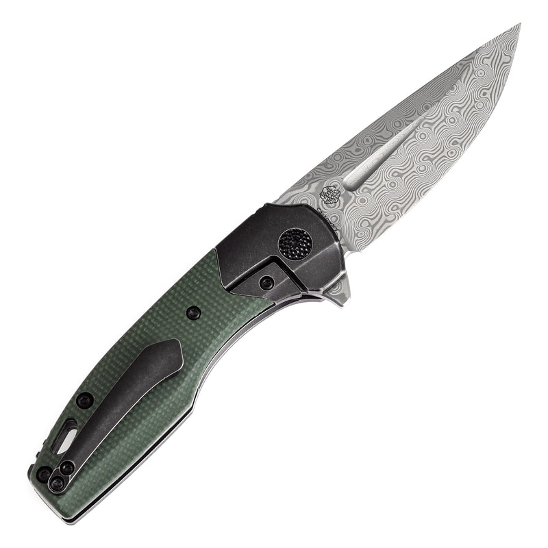 KANSEPT Cassowary Flipper Black Stonewashed Titanium and Green Micarta Titanium Handle (2.9''Damascus Blade ) Koch Tools Design -K2065B6