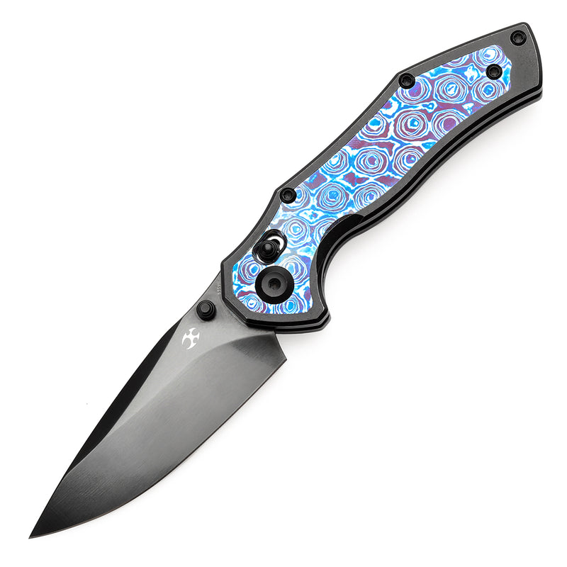 KANSEPT Apollo Cross Bar Lock Blackwash Titanium with Timascus Handle (3.11“ CPM S35VN Blade) with War Blades Design-K2107V5