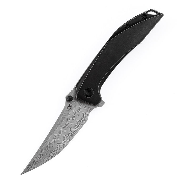KANSEPT Baku Flipper/Thumb Hole Knife Stonewashed Titanium Handle (3.2'' Damascus Blade)Sparrow Knife Co Design -K1056A5
