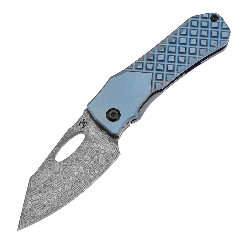 KANSEPT Loki Thumb Hole Knife Blue Anodized Titanium with Frag Pattern Handle (2.99''Damascus Blade)Steven Dunnuck Design-K1058B7