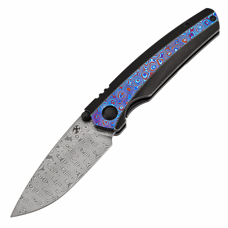 KANSEPT Thumb Stub Raven Blackwash Titanium wtih Timascus Handle (3.13" Damascus Blade) with Black Bird Blades Design-K2109A4