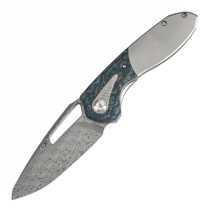 KANSEPT Thoth Thumb Hole Knife Bead Blasted Titanium and Arctic Storm Fat Carbon Handle (3.43''Damascus Blade ) Sparrow Knife Co Design -K1075A2