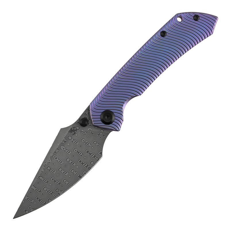 【Preorder】Ship by Dec.20th-KANSEPT Fenrir Frame Lock Purple Anodized Titanium with Micro Milled Water Ripple Texture Handle (3.48'' Damascus Blade) Sparrow Knife Designed- K1034C5