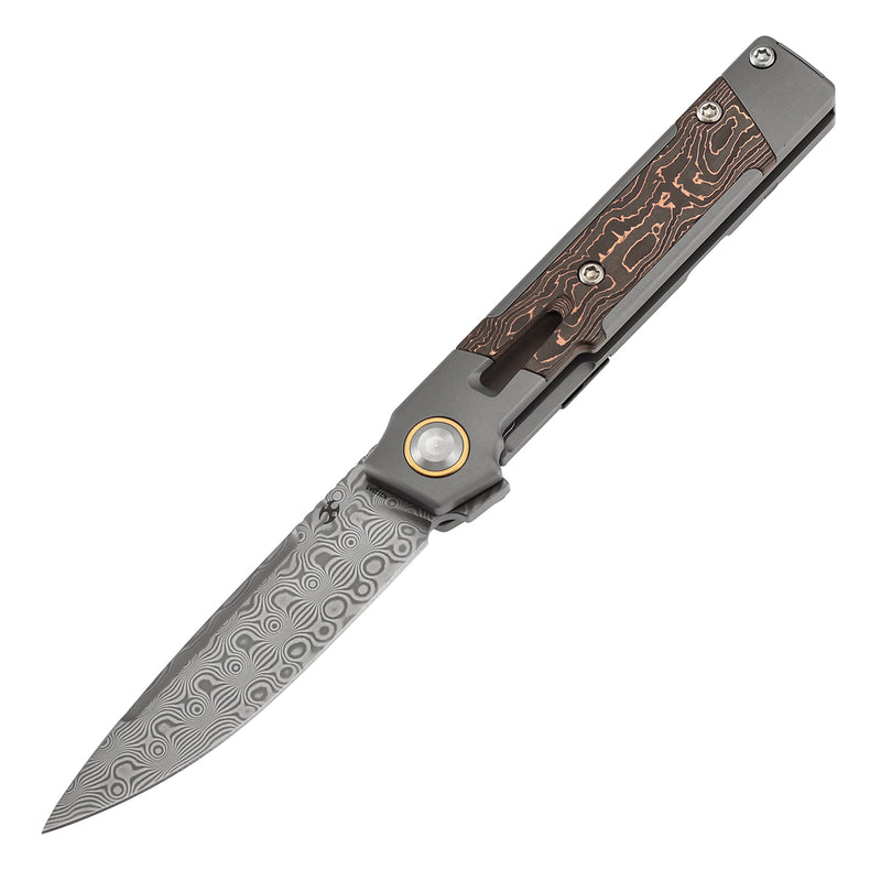 KANSEPT Kitpu Flipper Stonewashed Titanium with Copper Carbon Fiber (2.9" Damascus) Jonathan Styles Design- K2123A5