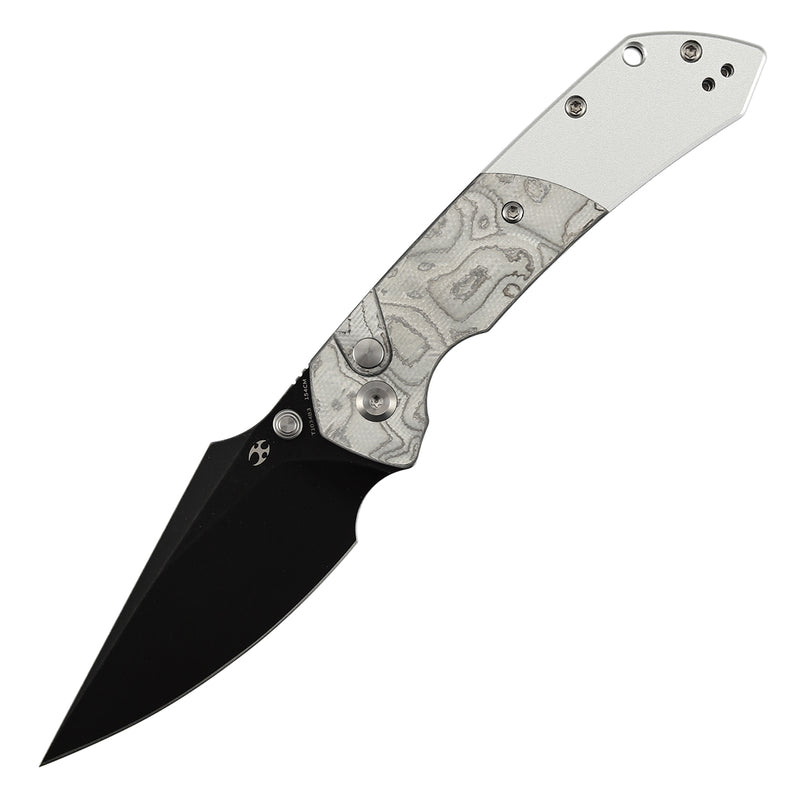 KANSEPT Fenrir Button Lock G-10 with Aluminum Foil Handle (3.45'' Blackwash 154CM Blade) Sparrow Knife Designed- T1034B3