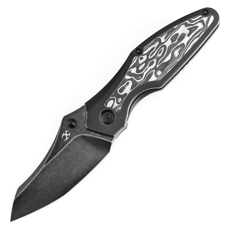 KANSEPT Baba Yaga Thumb Studs Blackwash Ti and Black White Nebula Carbon Fiber Inlay Handle (3.06''CPM 20CV Blade ) Sparrow Knife Design -K1074A3