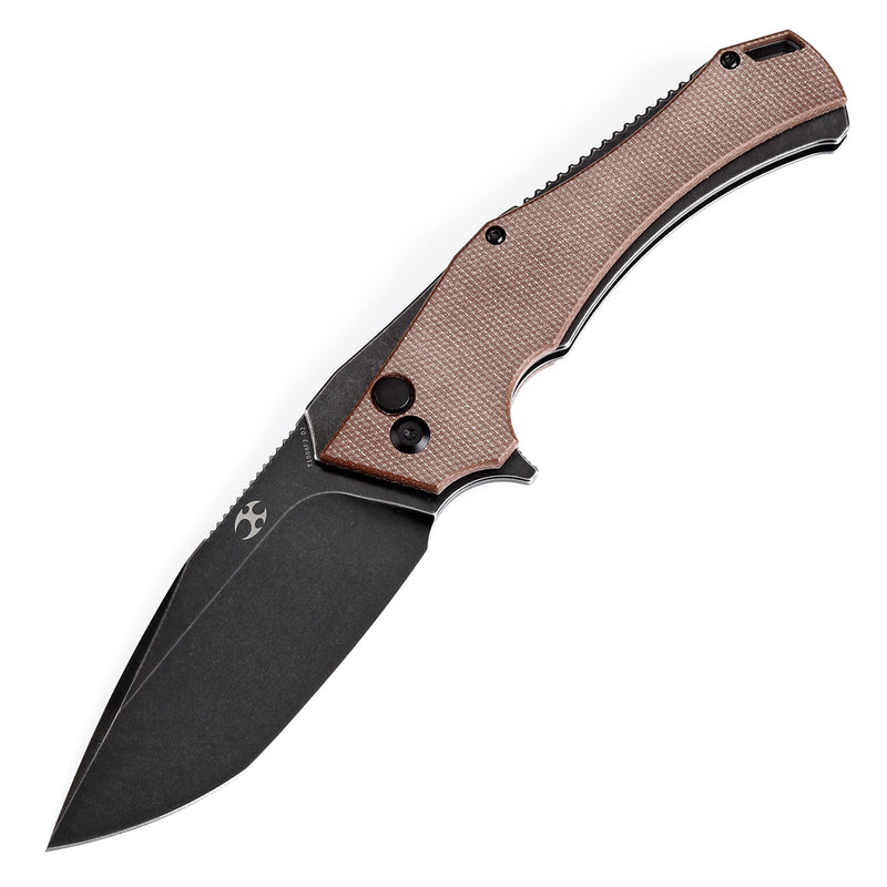 KANSEPT Hellx Button Lock Brown Micarta Handle (3.6''D2 Blade )Mikkel Willumsen Design -T1008F2