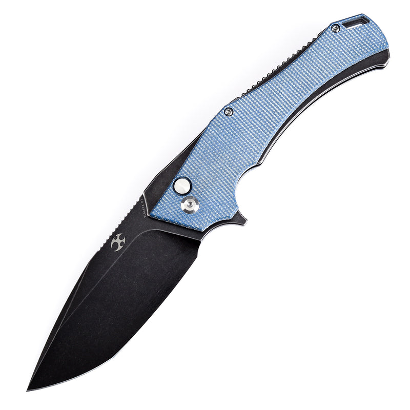 KANSEPT Hellx Button Lock Blue Micarta Handle (3.6''D2 Blade )Mikkel Willumsen Design -T1008F3