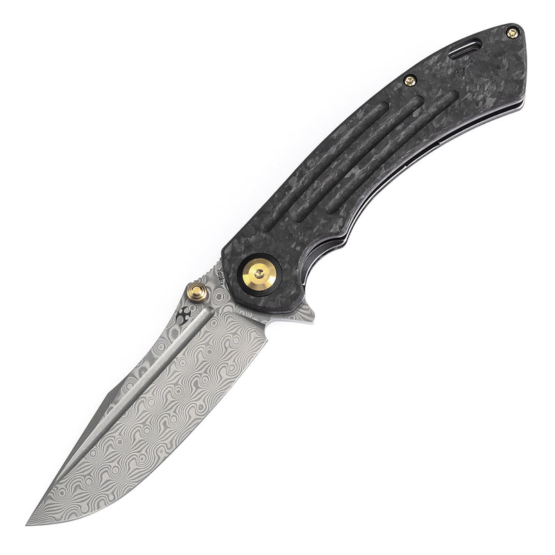 KANSEPT Pretatout Thumb Stub Flipper Shred Carbon Fiber Handle (3.56“ Damascus Blade) with Kmaxrom Design-K1032D2