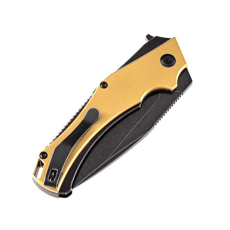 KANSEPT Hellx Thumb Hole Knife Brass Anodized Stainless Steel Handle (3.60"D2 Blade) Mikkel Willumsen Design-T1008B2