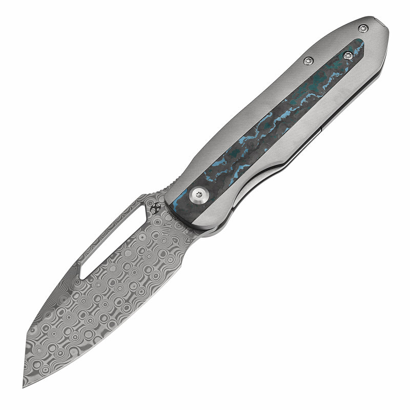 KANSEPT Thunderhead Thumb Hole Stonewashed Titanium with Artic Storm Carbon Fiber Handle (3.58" Damascus Blade) with K.C. Spiron Design-K1106A5