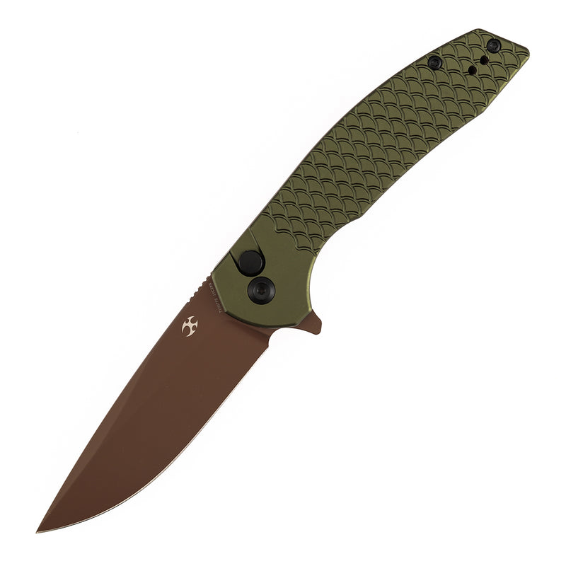 Kansept Accipiter | Button Lock | Green Anodized Aluminum with Fish Scale Texture | 3.53" Rose Gold 14C28N Blade | T1007F5