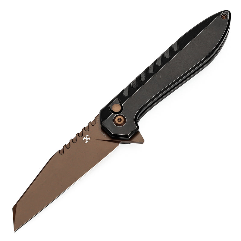 KANSEPT Kosame Button Lock Blackwash Titanium with Black G10 (3.37" Rose Gold Coated 154CM Blade) with EI Spade Design-T1093F7