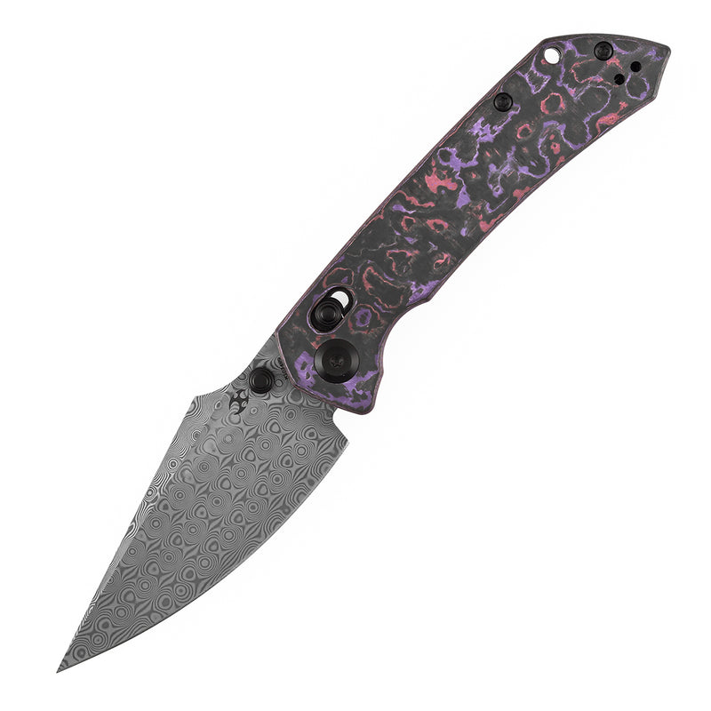 Kansept Fenrir | Crossbar Lock |  Purple Haze Fatcarbon | 3.48" Damascus Blade | Sparrow Knife Design | K1034V9