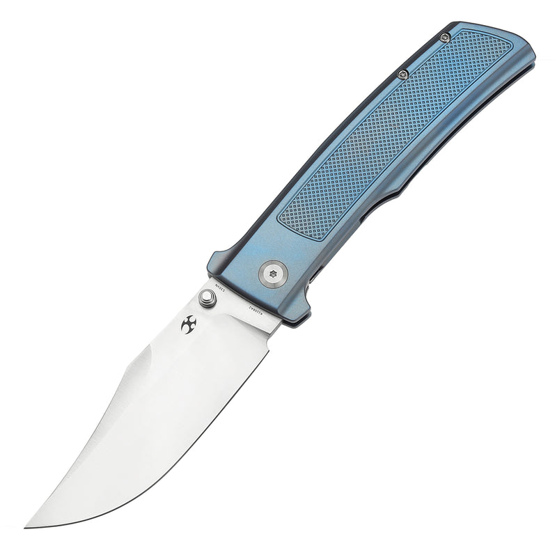 KANSEPT Bison Thumb Stub Blue Anodized Titanium with Frag Pattern Handle (4.25" CPM S35VN Blade) with Ray Laconico Knives Design-K1108A2