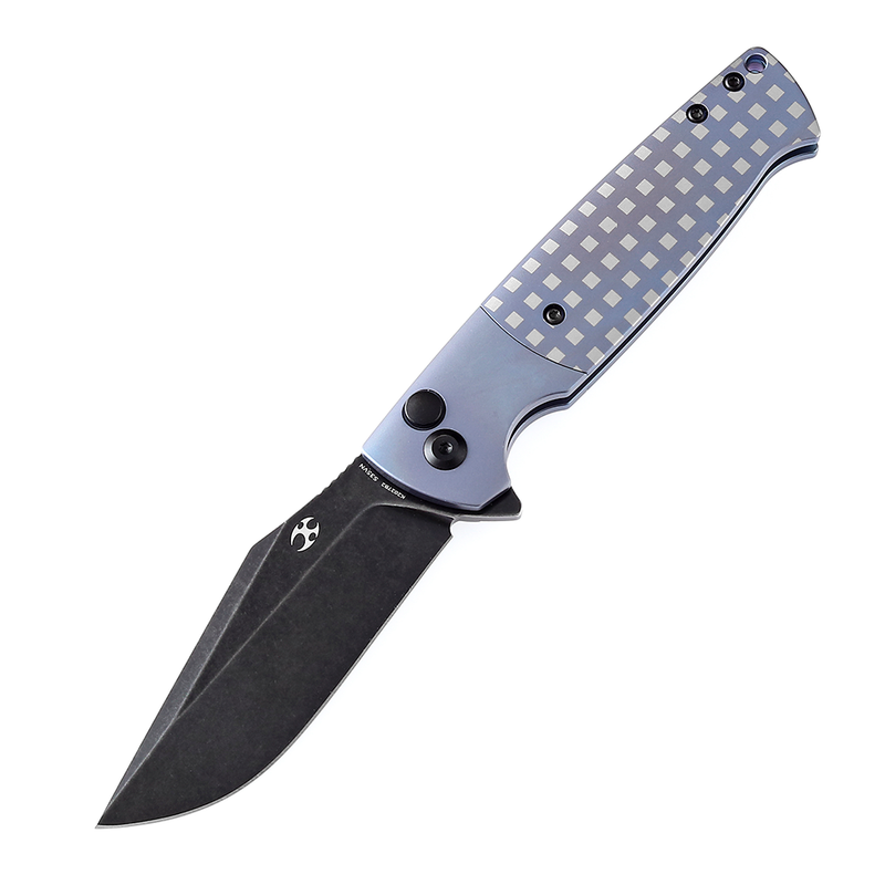 Shikari SBL  Button Lock K2027B2 Black Stonewashed CPM S35VN Blade Blue Anodized Titanium with White Square Pattern Handle with Morgan Koens Dessign