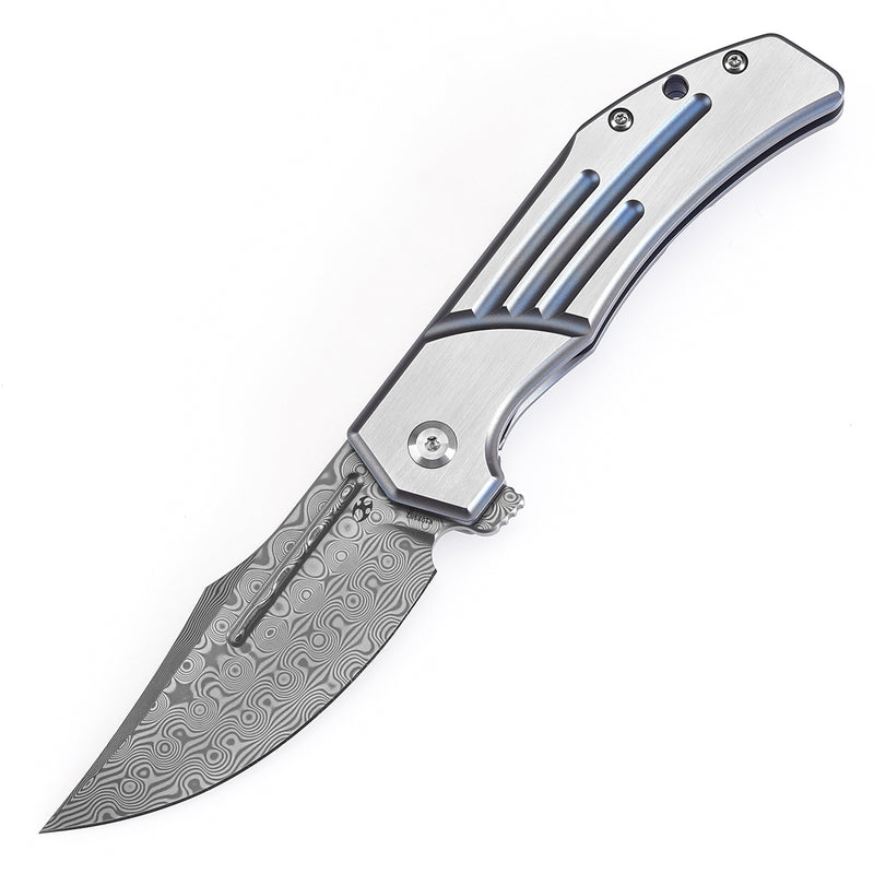 KANSEPT Orion Limited-version Flipper Blue Anodized and Machine Satin Titanium Handle (3.07''Damascus Blade) JB Stout Design -K1089B2