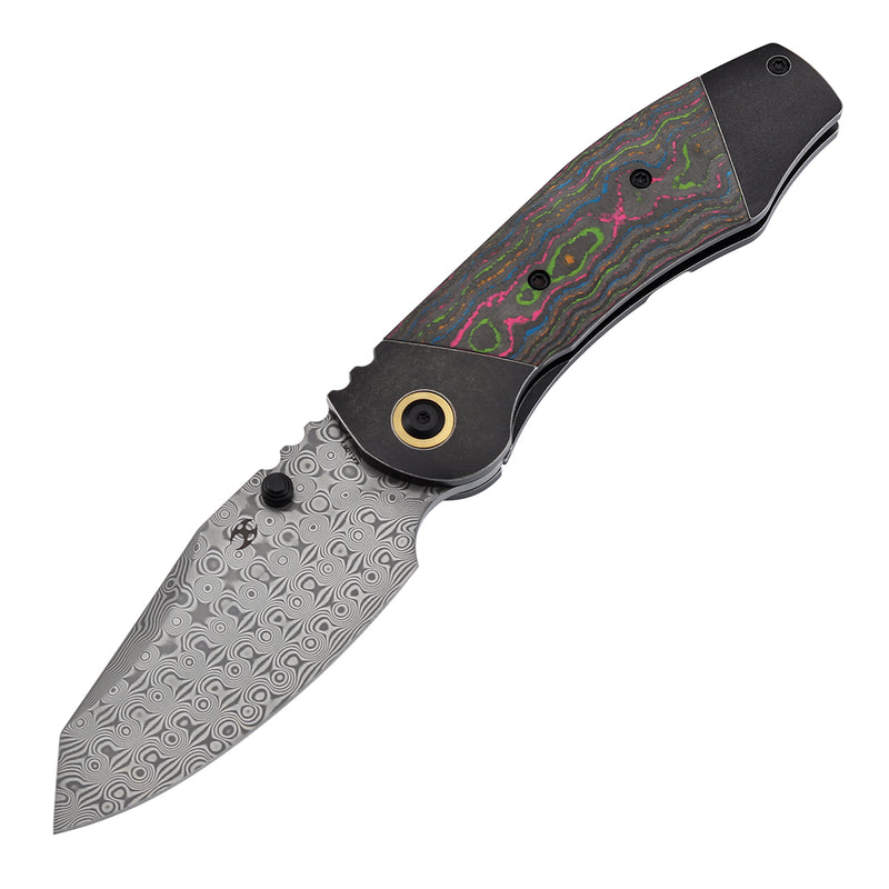 KANSEPT Caveman Thumb Stub Blackwash Titanium wtih 80's CamoCarbon Handle (3.57"Damascus Blade) with Jesse Pauley Design-K1110B3