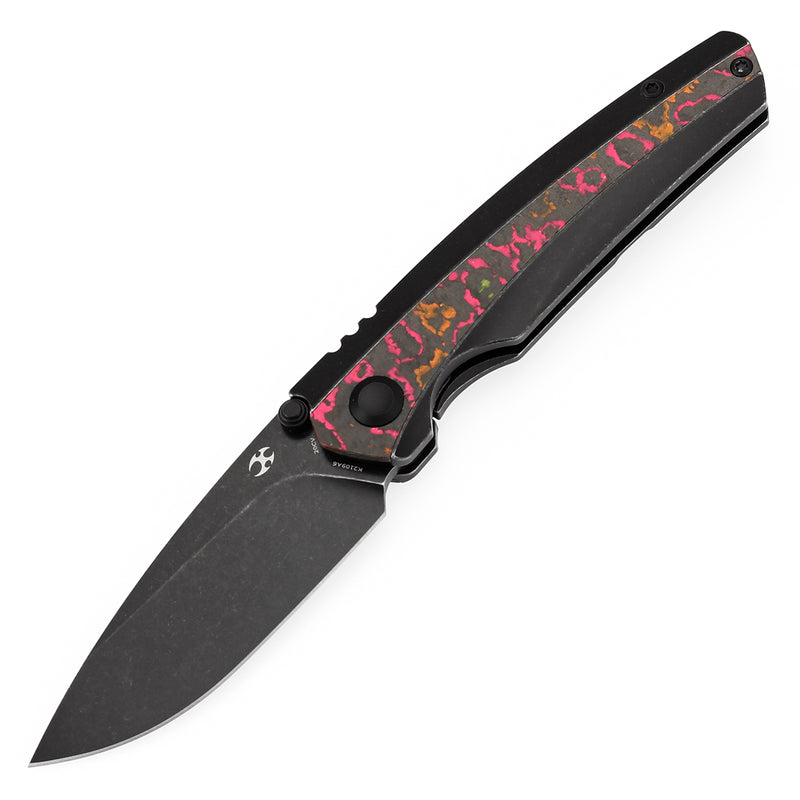 KANSEPT Thumb Stub Raven Blackwash Titanium wtih Flo Party Camocarbon Handle (3.13" CPM 20CV Blade) with Black Bird Blades Design-K2109A6