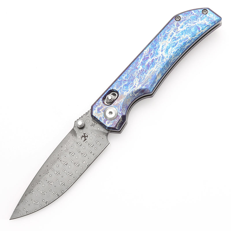 KANSEPT Eaglestrike Crossbar Lock Knife Titanium with Lightning Strike Finish Handle(3.73'' Damascus Blade) James Lowe Design-K1095V1