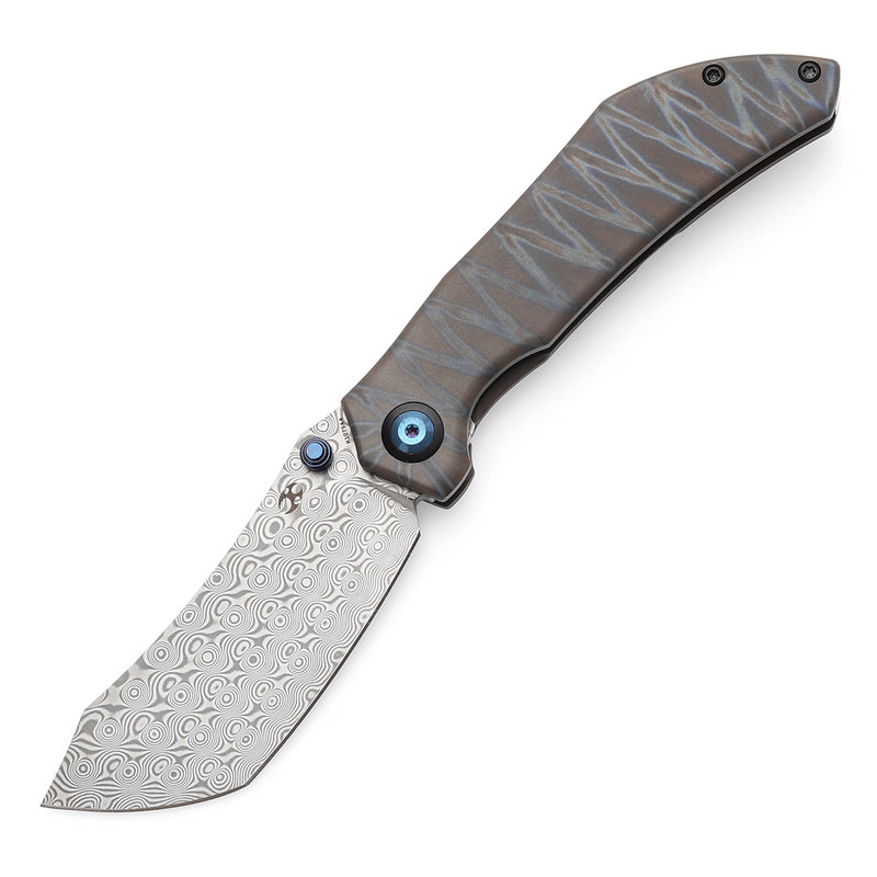 KANSEPT Tipper Thumb Stub Knife Titanium with Tiger Stripe Finish Handle(3.38'' Damascus Blade)Edgy Bladeworks Design-K1079A4