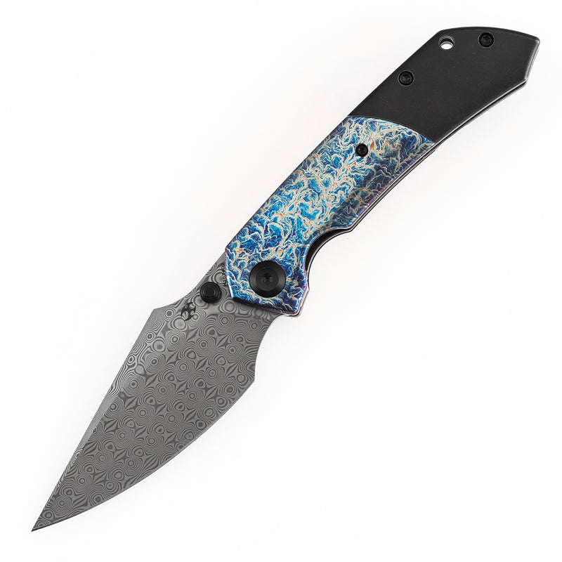 KANSEPT Fenrir Liner Lock Blackwash Titanium with Lightning Strike Finish Titanium Inlay Handle (3.48'' DamascusBlade) Sparrow Knife Designed- K1034D2