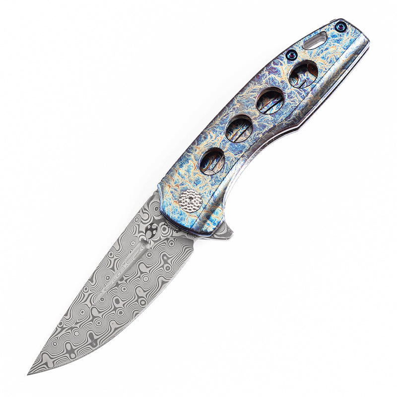 KANSEPT Cassowary Flipper Knife Titanium with Lightning Strike Finish Handle (2.9'' Damascus Blade) Koch Tools -K2065A3
