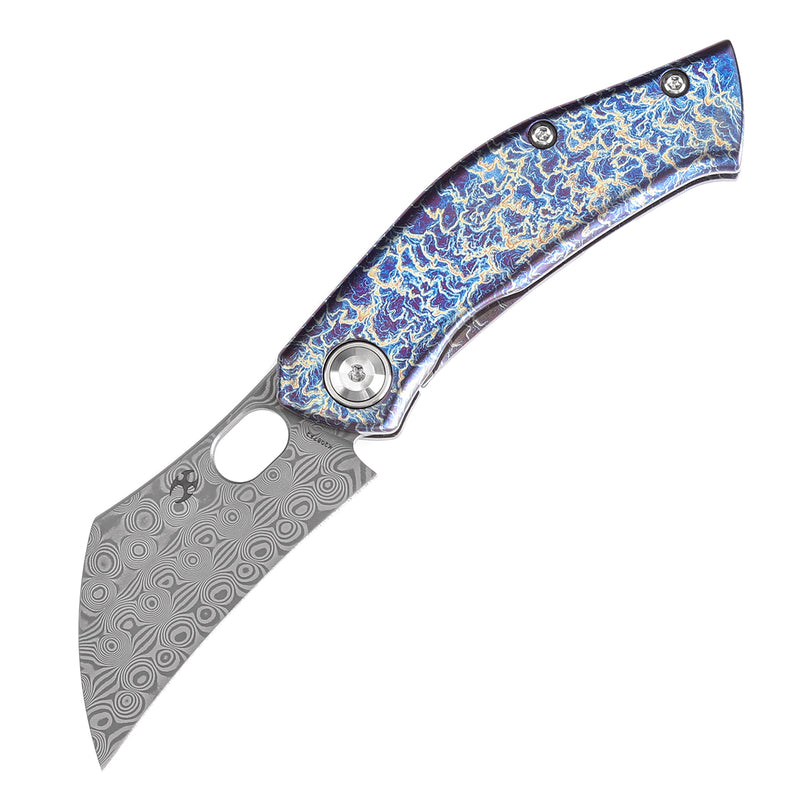 KANSEPT Osprey Thumb Hole Knife Lightning Strike Anodized Titanium Handle (2.23'' Damascus Blade) Johnathan Shaw Design - K2087A2