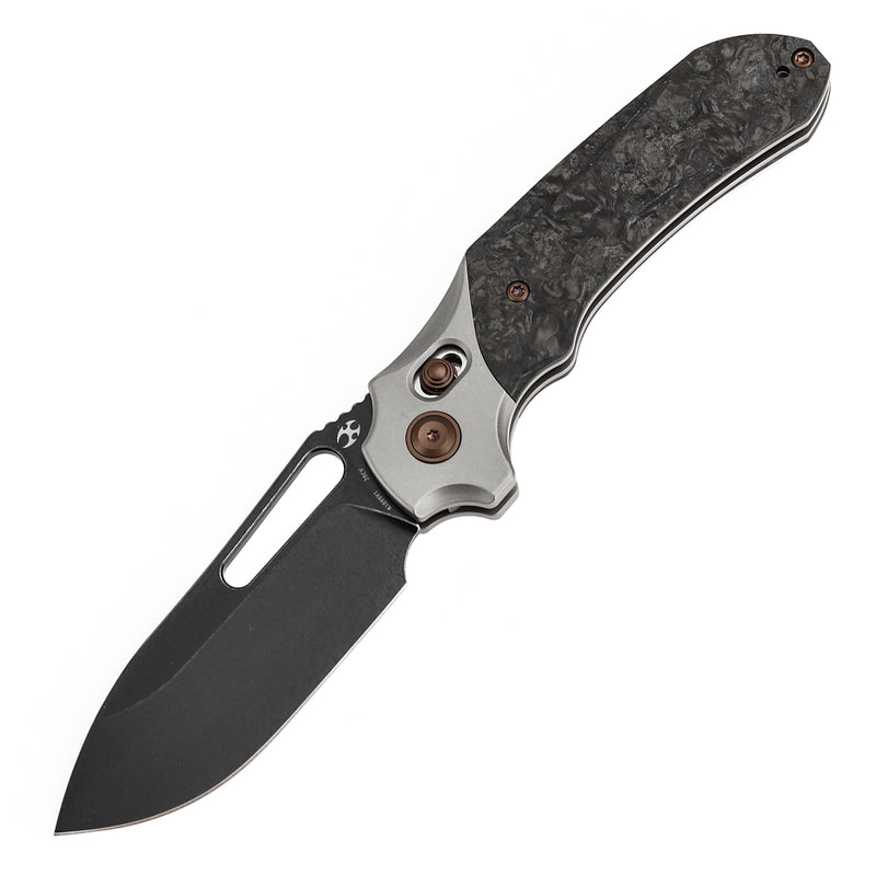 KANSEPT Quasar Cross Bar Lock Stonewashed Titanium with Dark Matter Glow FatCarbon Handle (3.38" CPM 20CV Blade) with Munko Knives Design-K1099V1