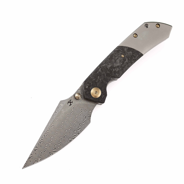KANSEPT Fenrir Flipper Knife Beadblasted Titanium+ Shred Carbon Fiber Handle (3.48'' Damascus Blade) Greg Schob Design -K1034B1