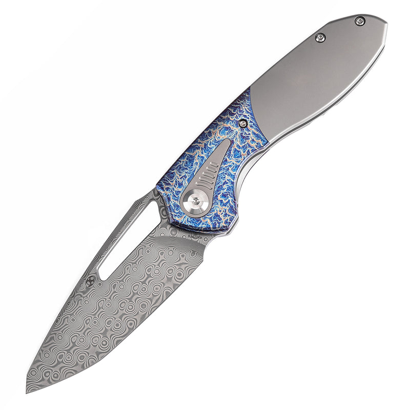 KANSEPT Thoth Thumb Hole Knife Bead Blasted Titanium and Lightning Strike Finished Titanium InlayHandle (3.43''Damascus Blade ) Sparrow Knife Co Design -K1075T5