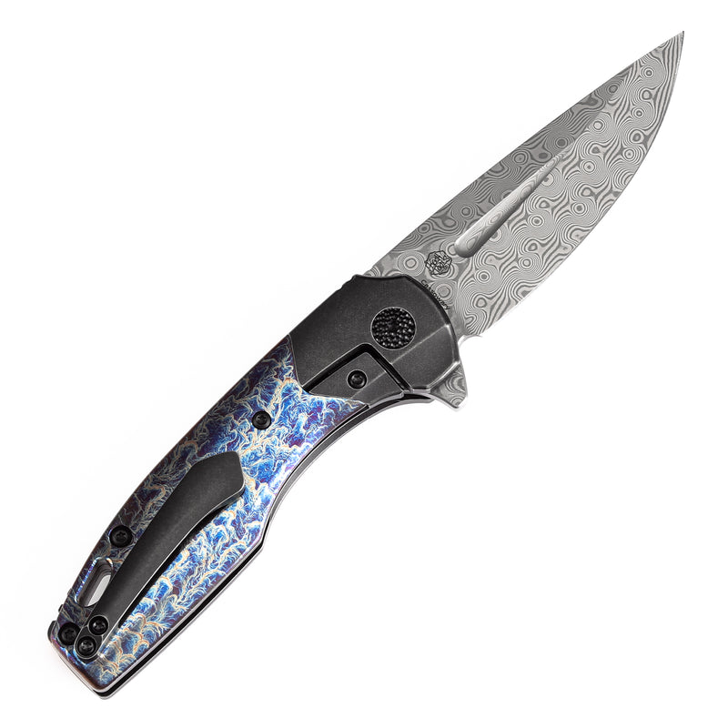 KANSEPT Cassowary Flipper Black Stonewashed Titanium and Lightning Strike Finish Titanium Handle (2.9''Damascus Blade ) Koch Tools Design -K2065B4