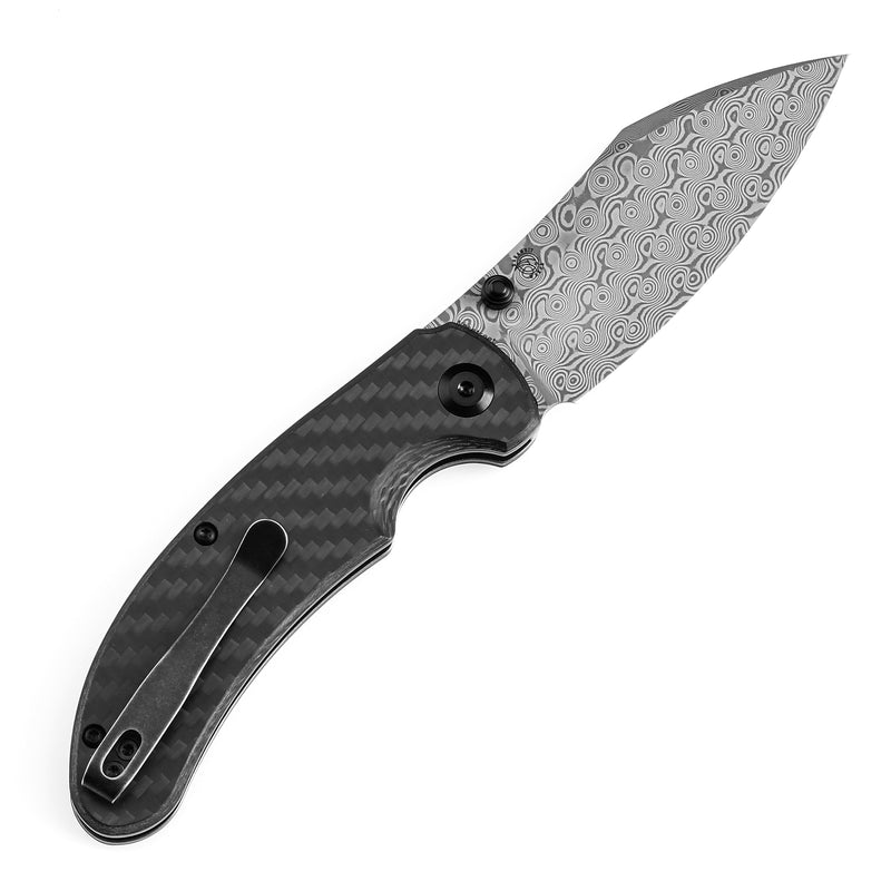 KANSEPT Nesstreet Button Lock Twill Carbon Fiber Handle(3.58" Damascus Blade) with Karambit Maker design-K1039F6