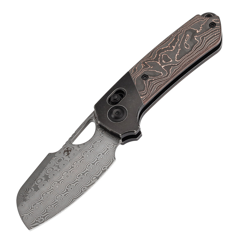 KANSEPT Nahual Crossbar Lock Knife Blackwash Titanium with Copper Carbon Fiber Handle(2.95" Damascus Blade)Javier Garcia Design-K2125V3
