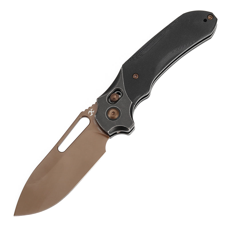 KANSEPT Quasar Cross Bar Lock Black G10 Handle (3.38" Dark Rose Gold Finished 154CM Blade) with Munko Knives Design-T1099V3