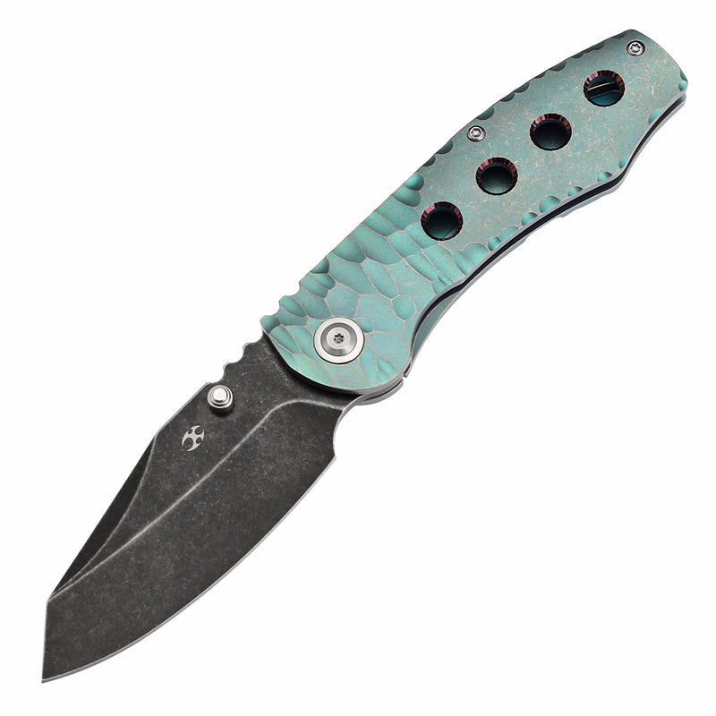 KANSEPT Caveman Thumb Stub Green Anodized and Stonewashed Titanium with CNC-machined Rock Pattern Handle (3.57" CPM 20CV Blade) with Jesse Pauley Design-K1110A3