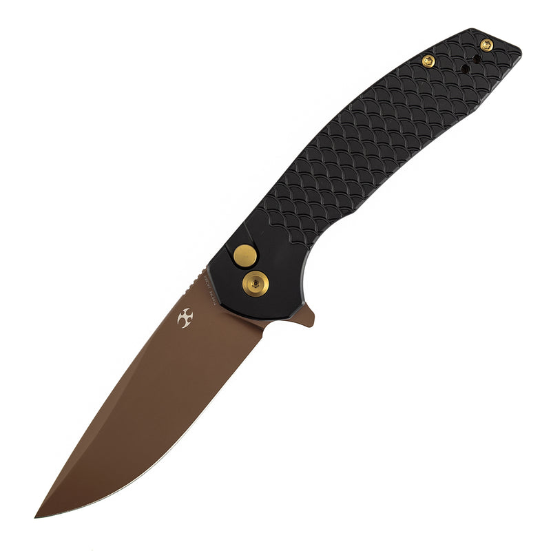 Kansept Accipiter | Button Lock | Black Anodized Aluminum with Fish Scale Texture | 3.53" Rose Gold 14C28N Blade | T1007F6