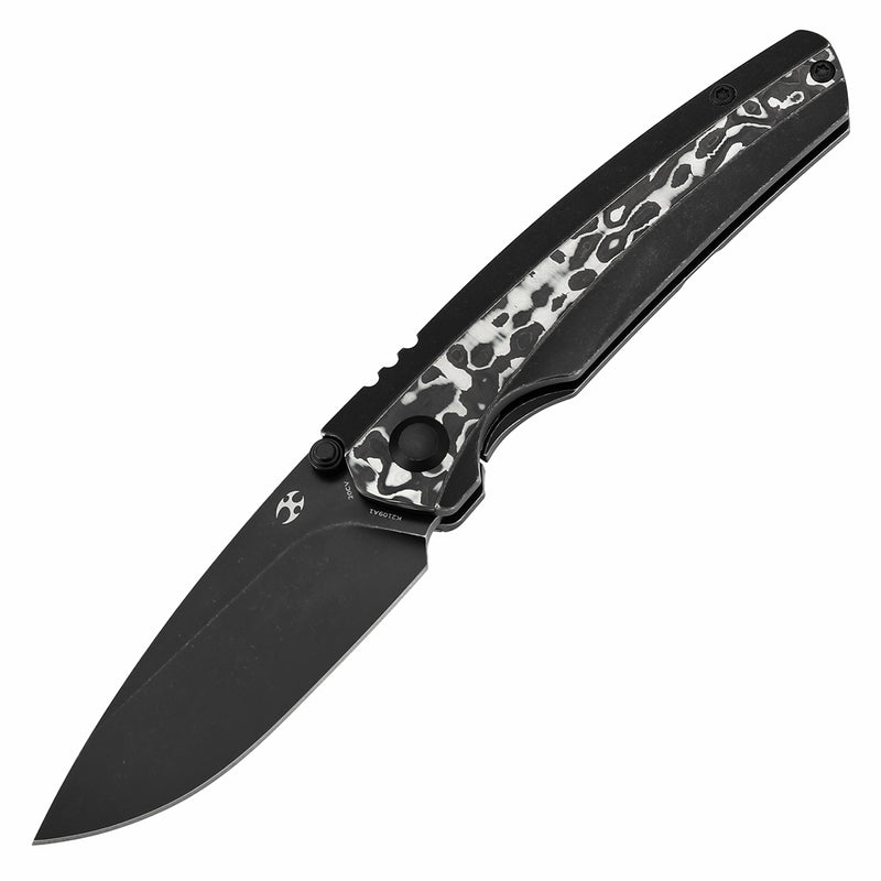 KANSEPT Thumb Stub Raven Blackwash Titanium, Black and White Nebula Carbon Fiber(3.13" CPM 20CV Blade) with Black Bird Blades Design-K2109A1