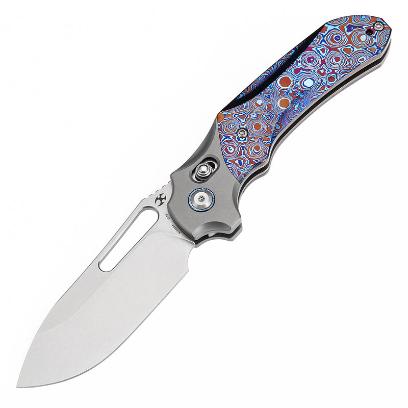 KANSEPT Quasar Cross Bar Lock Stonewashed Titanium and Timascus Handle (3.38" CPM 20CV Blade) with Munko Knives Design-K1099V4