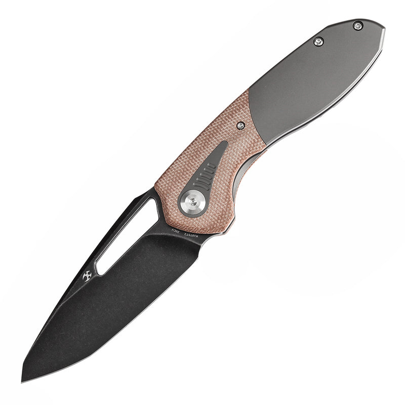 KANSEPT Thoth Thumb Hole Knife Gray Anodized Titanium and Brown Micarta Handle (3.43''CPM 20CV Blade ) Sparrow Knife Co Design -K1075T2