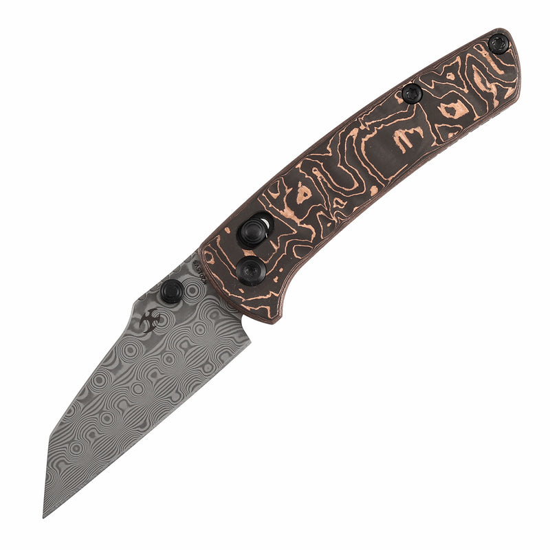 KANSEPT Little Main Street Cross Bar Lock Copper Carbon Fiber Handle (2.26'' Damascus Blade) Dirk Pinkerton Design-K2015V5